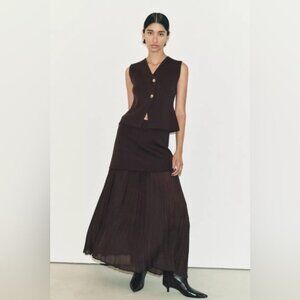 Zara Brown Skirt Set with Pleated Design Size  Top XL Skirt L NWT
